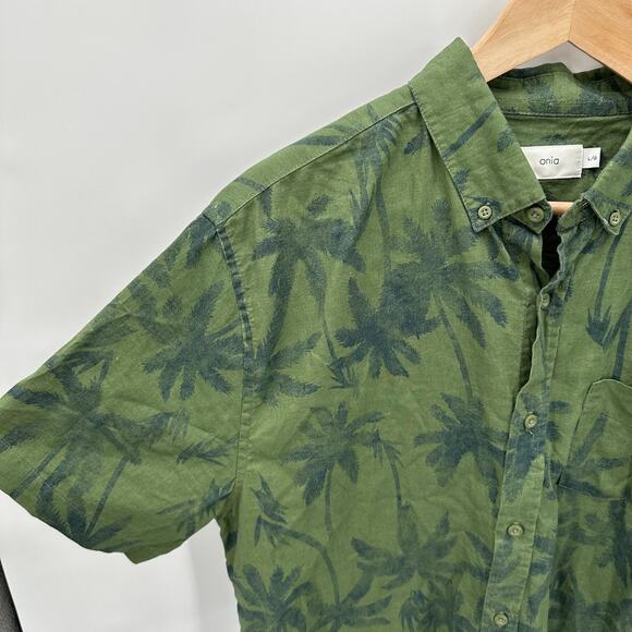 ONIA Men's Linen Cotton Green Palm Print Button Down Shirt // L - Picture 3 of 8